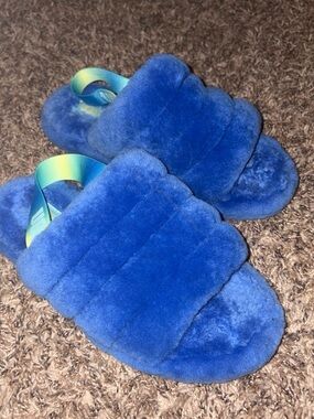 UGG Royal Blue Plush Slide Slippers with Multicolor Rainbow Strap